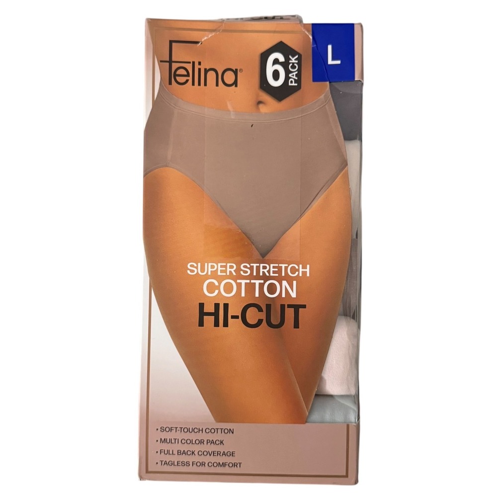 Felina Hi-Cut Panties Women Large Multi 6-Pack NIB Super Stretch Cotton C7290